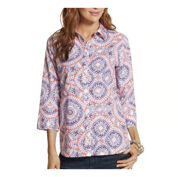 Chico's No Iron Sunburst Button Front Top Size XL / 3 Colorful Cotton 3/4 Sleeve - Picture 1 of 9
